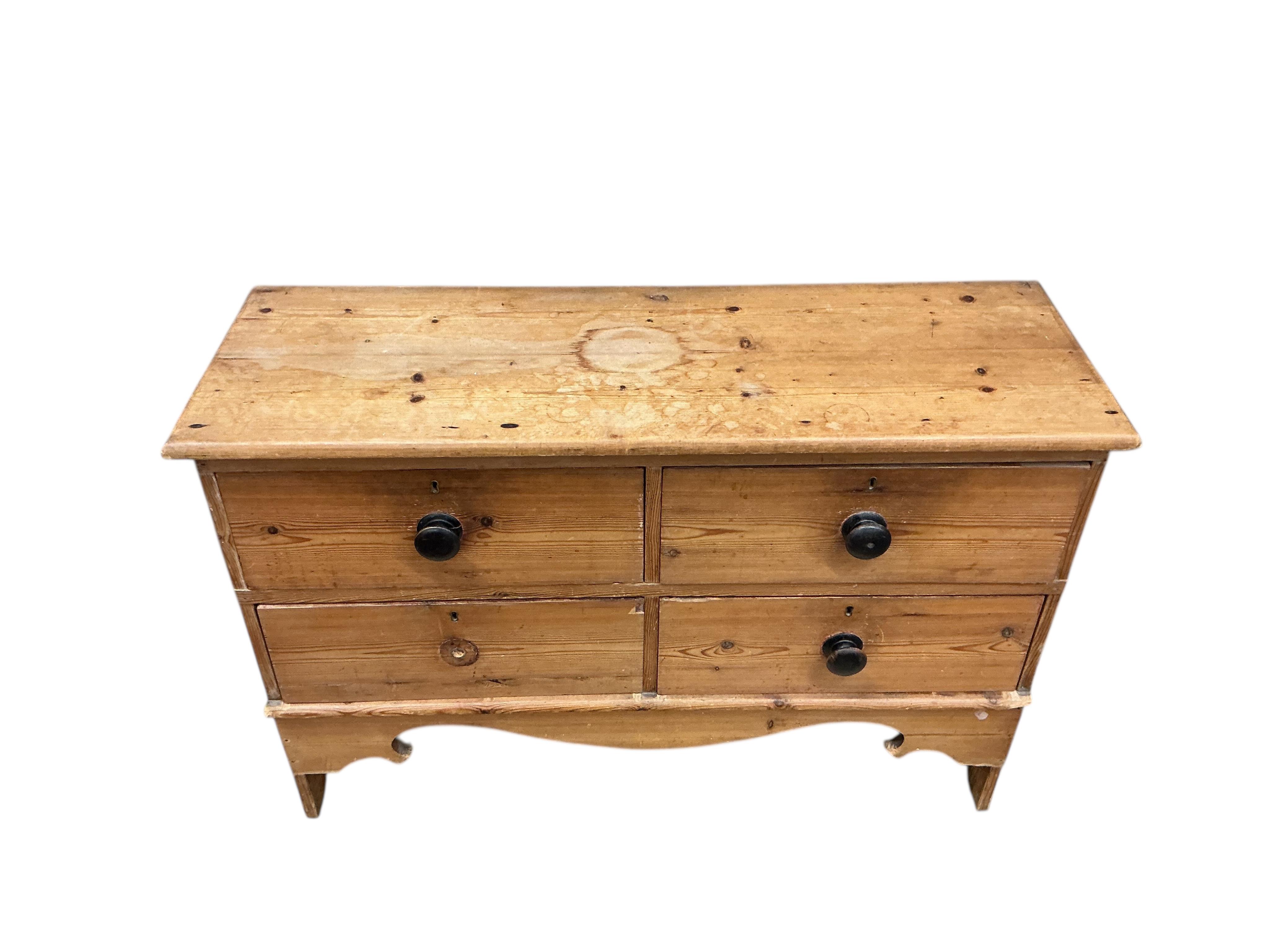 A 19th century pine four drawer chest, width 118cm, depth 40cm, height 79cm